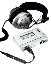 A prototype with large headphones.